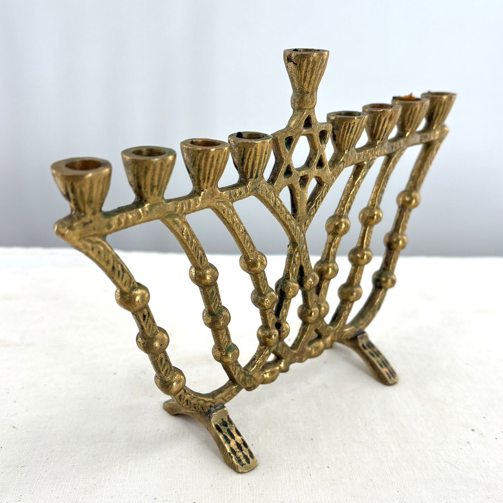 Vtg Brass Hanukkah Menorah 9 Branch Star of David Judaica Candle Holder Israel